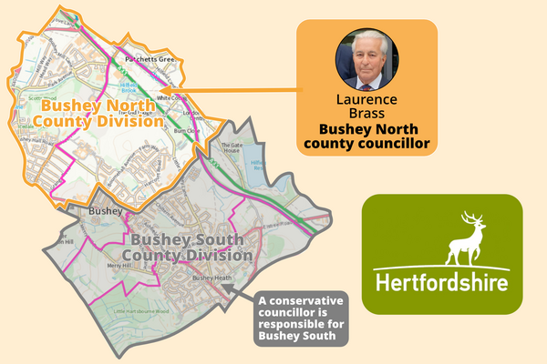 A map of Bushey showing the division between Bushey North which has Laurence Brass as it's Lib Dem county councillor on Hertfordshire County Council, and Bushey South which is represented by a Conservative councillor at present