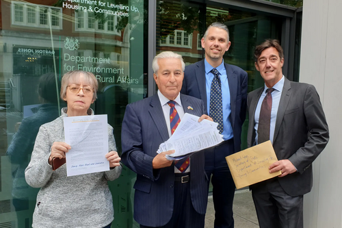 Theresa Smith, Laurence Brass, Miles Ponder and Andy Williams take Hertsmere Lib Dems housing target petition to Michael Gove's office